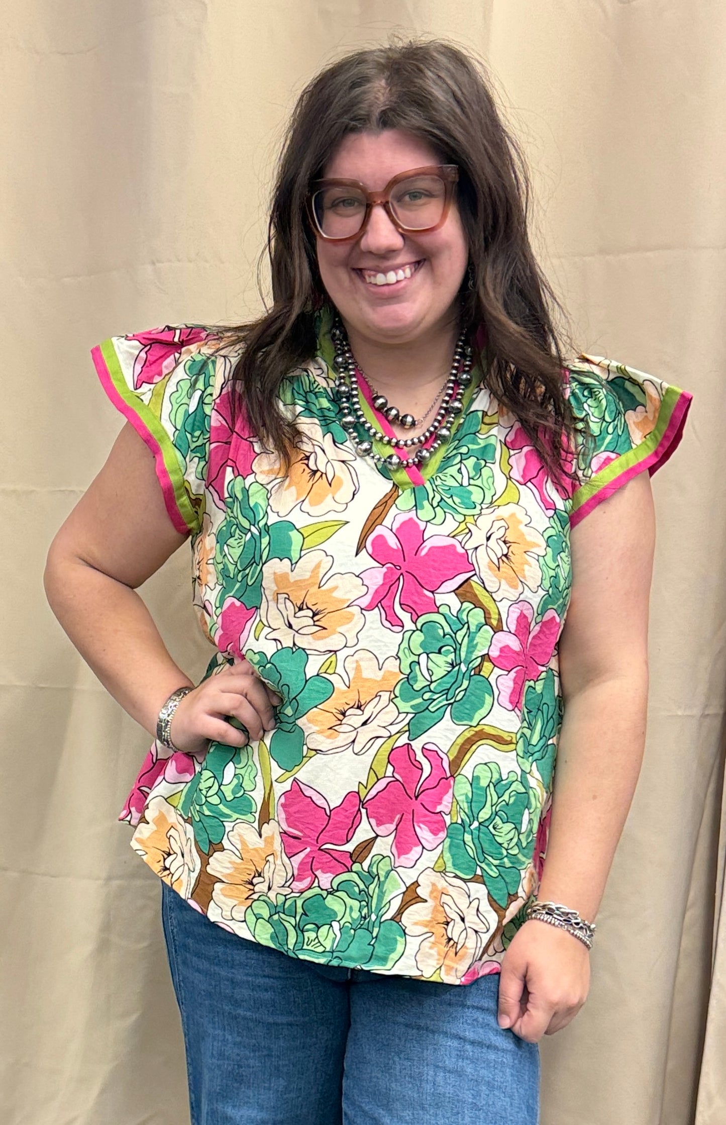 Fuchsia and green floral top