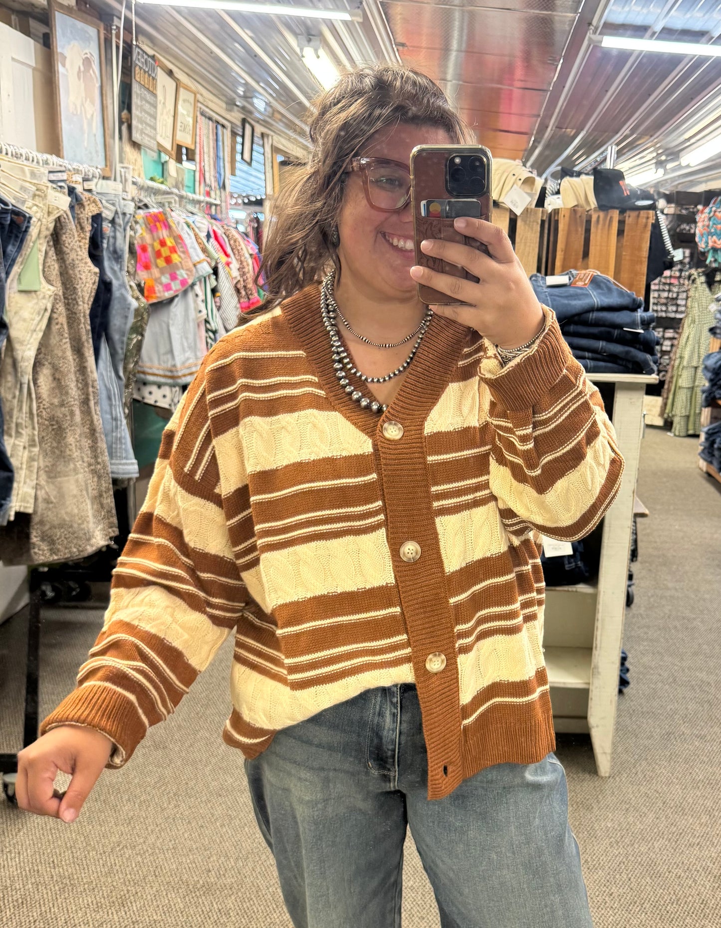 Brown Cable Striped Cardigan