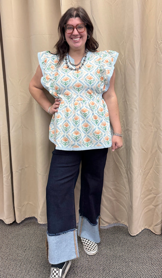 Blue and Orange Floral Top