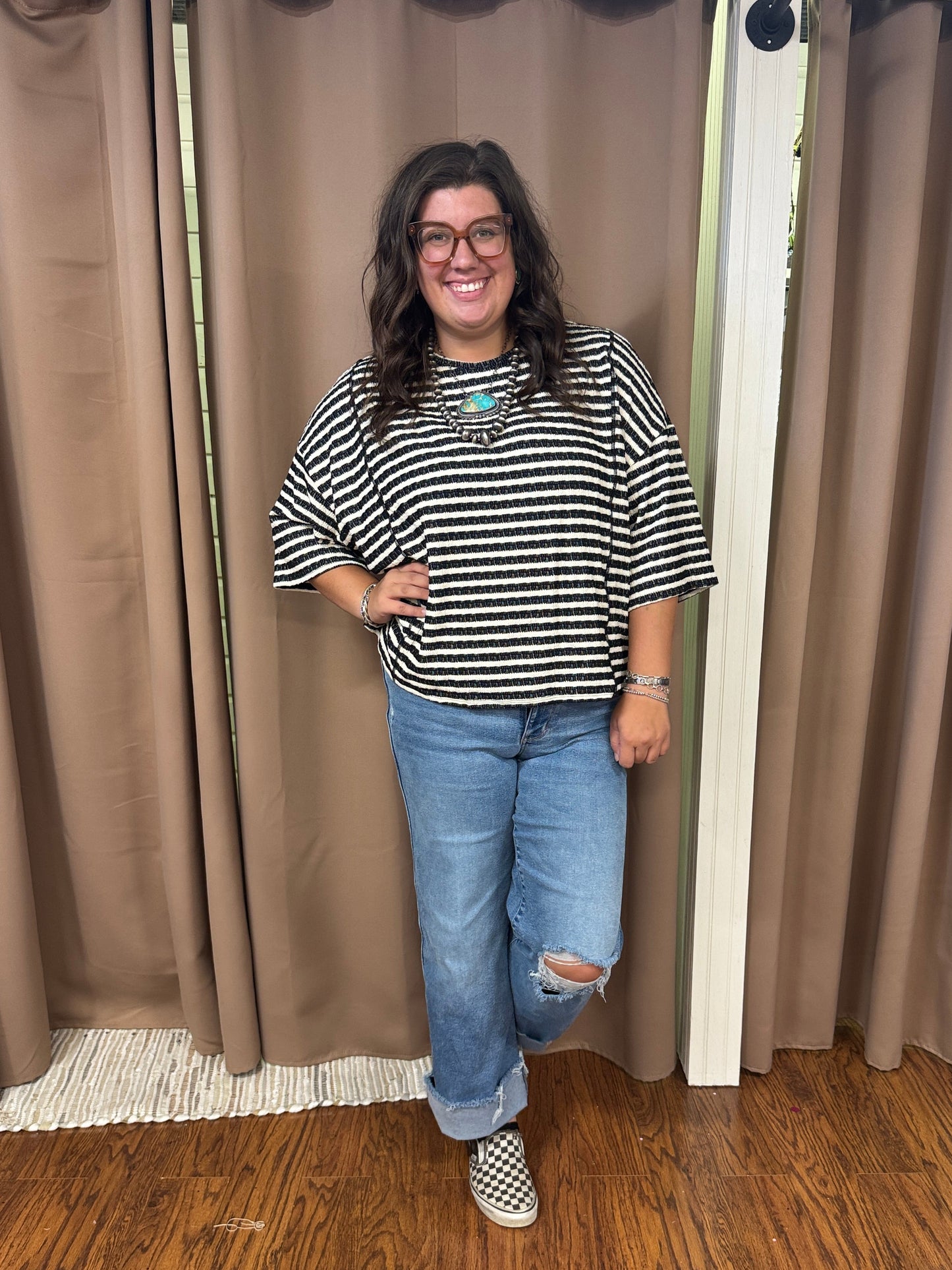 Black Striped Waffle Top