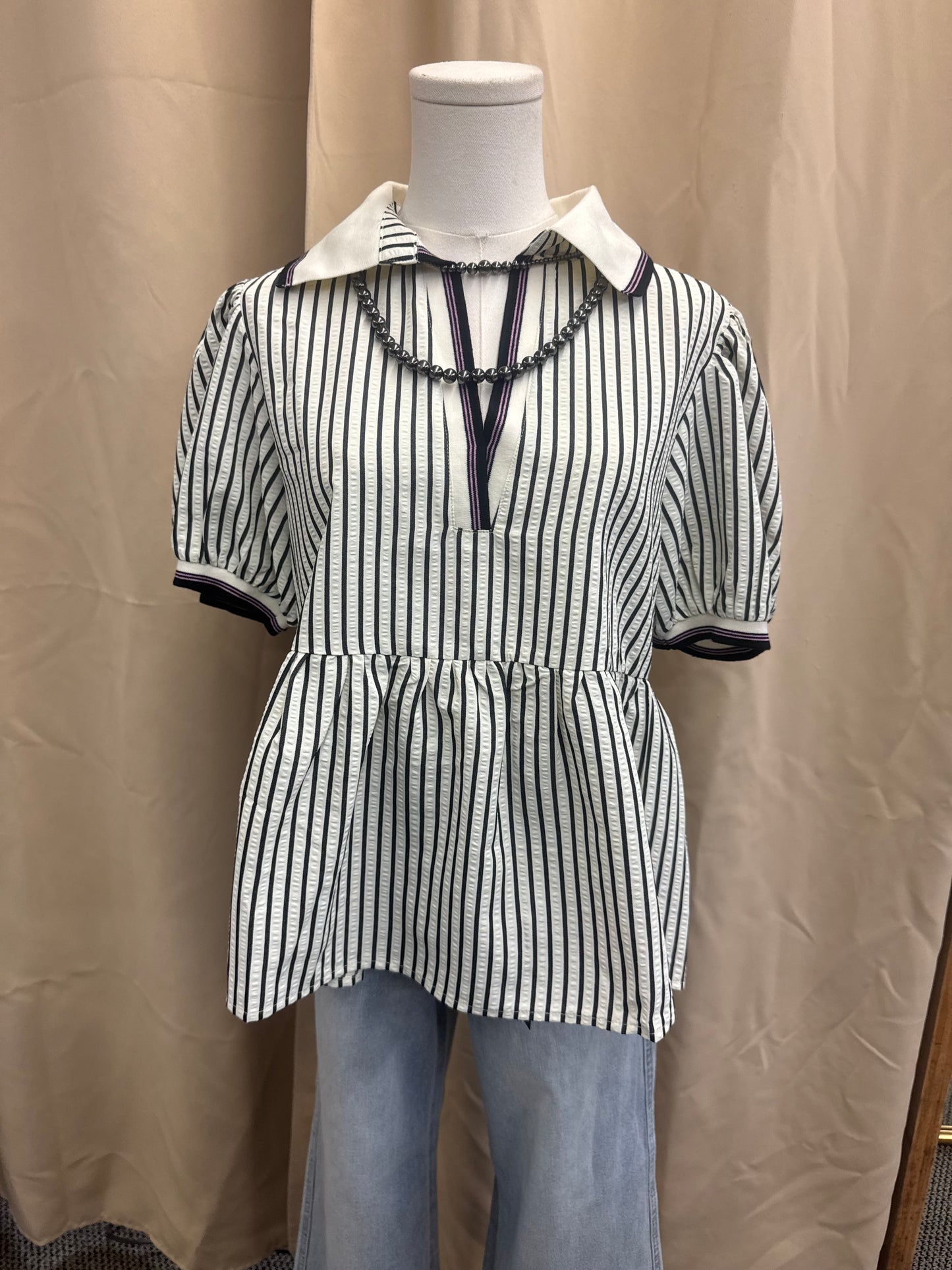 Black Striped Collared Top