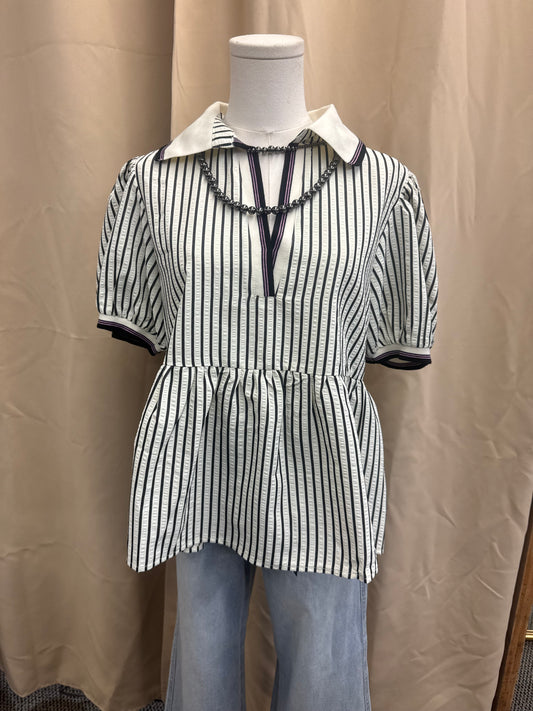 Black Striped Collared Top
