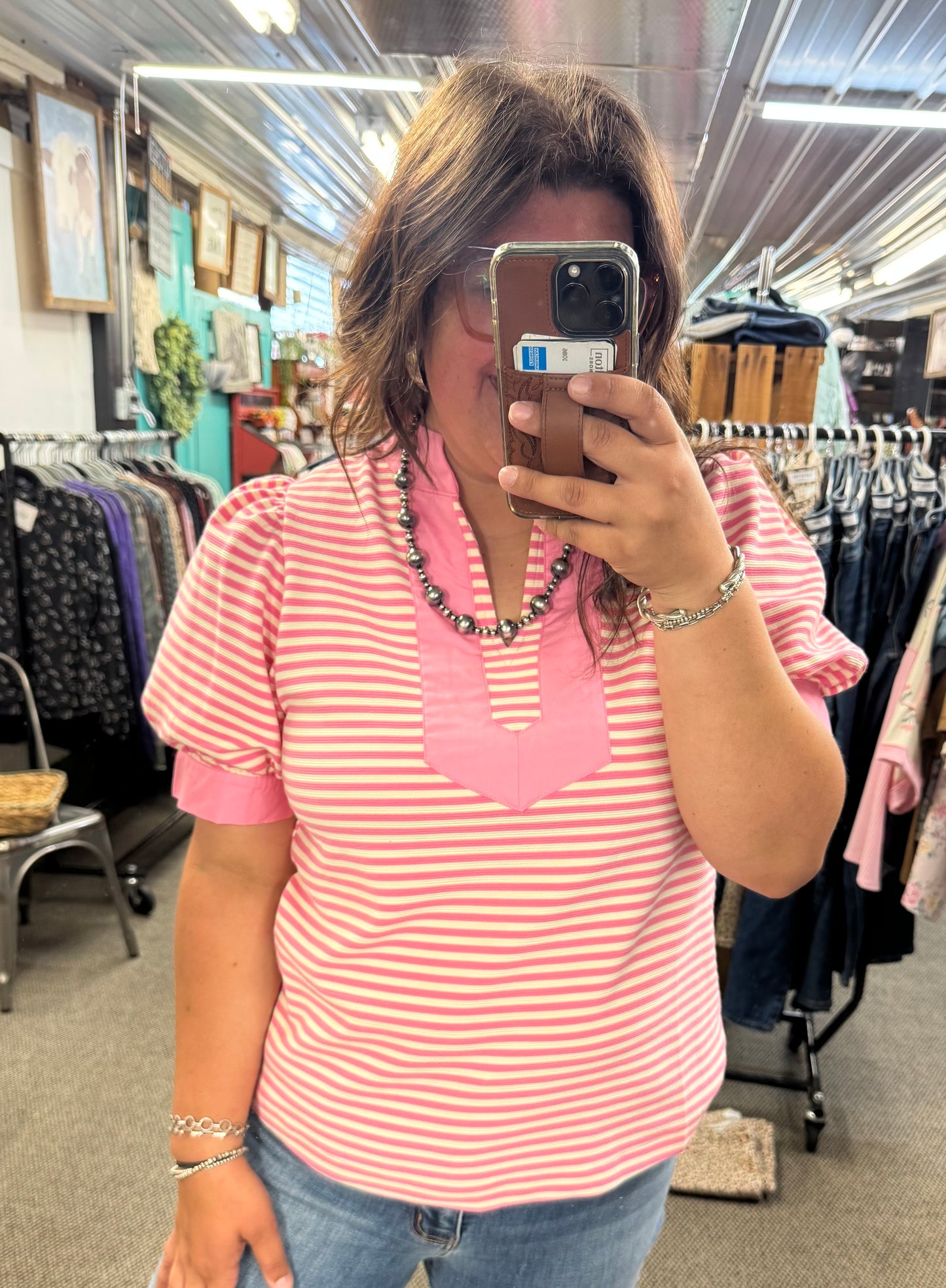 Pink Striped Puff Sleeve