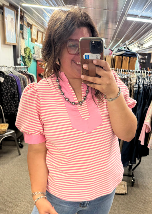 Pink Striped Puff Sleeve