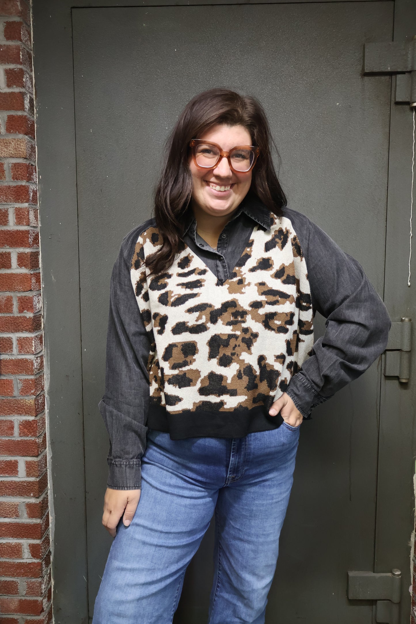 Leopard Mixed Material Top