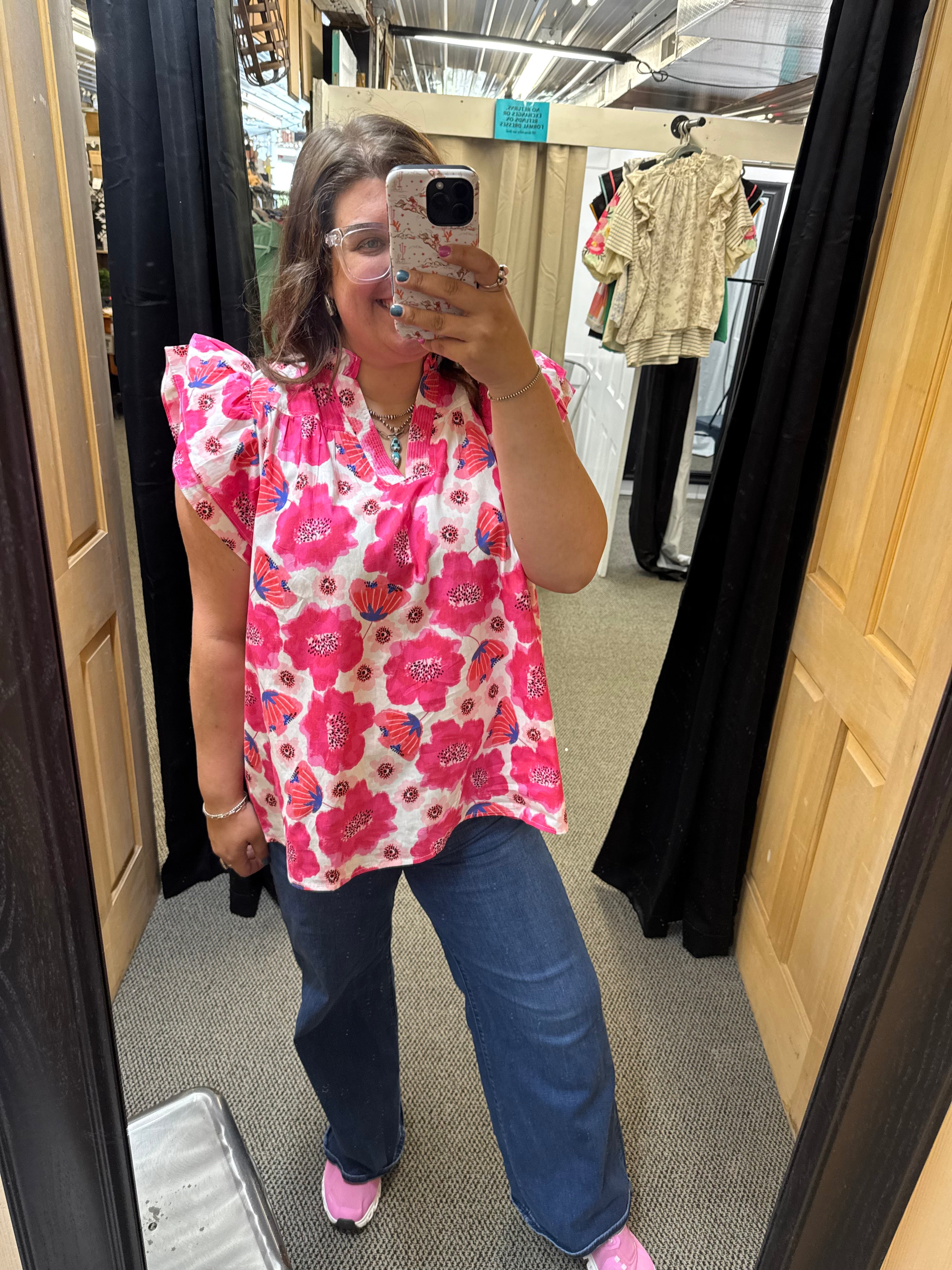 Pink and Blue Floral Flutter Sleeve Top