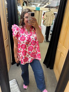 Pink and Blue Floral Flutter Sleeve Top