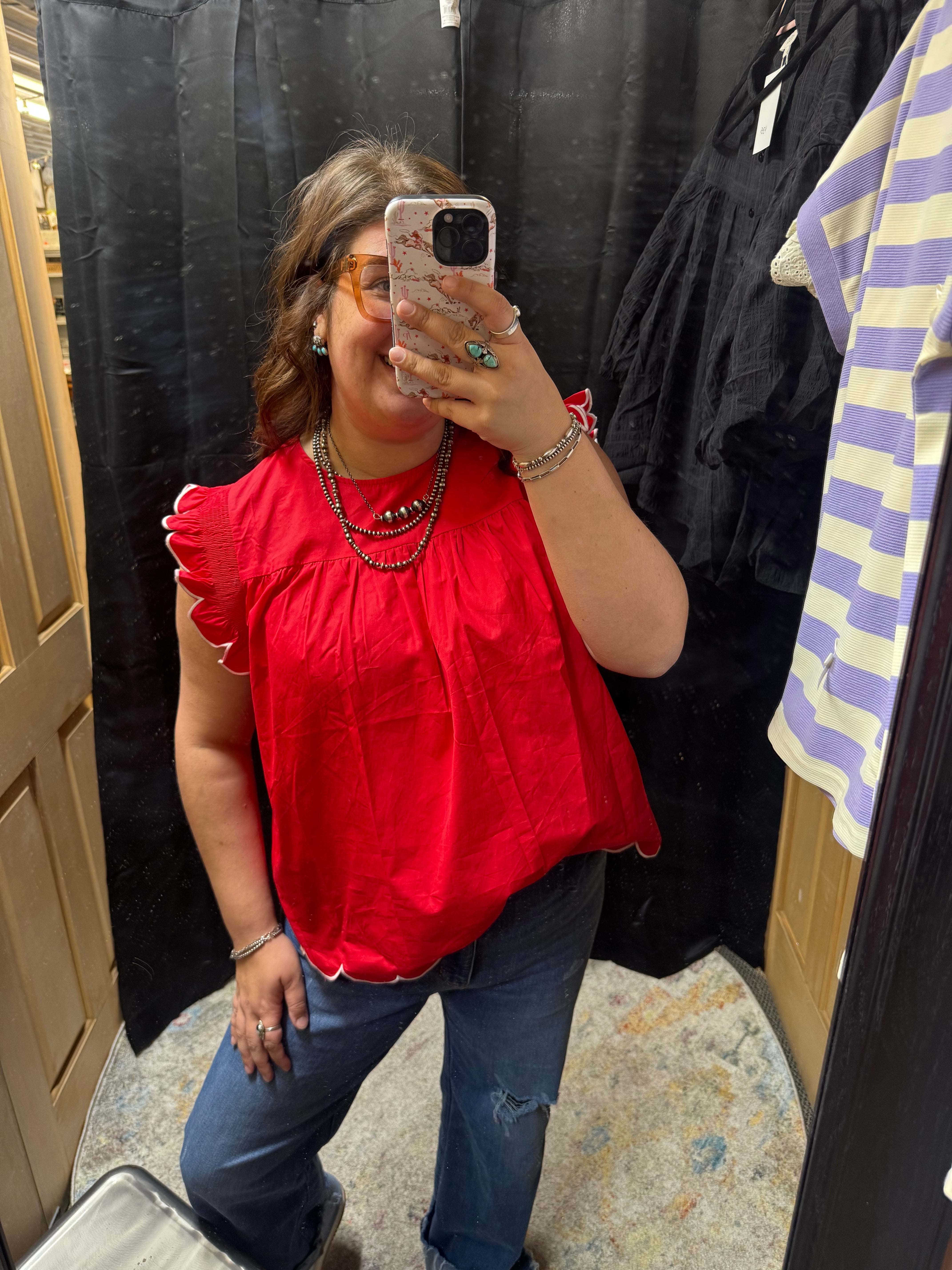 Red Scallop Hem Top