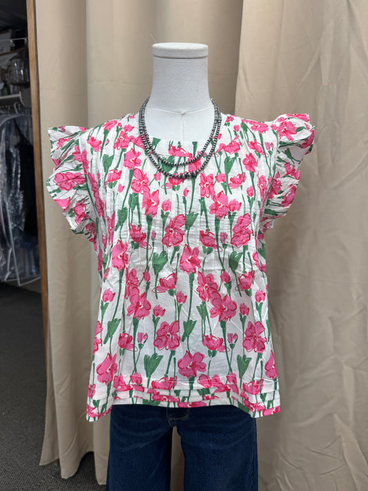 Pink Floral Pleated Top