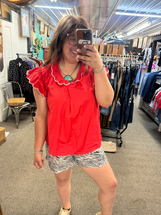 Red  ruffle sleeve top