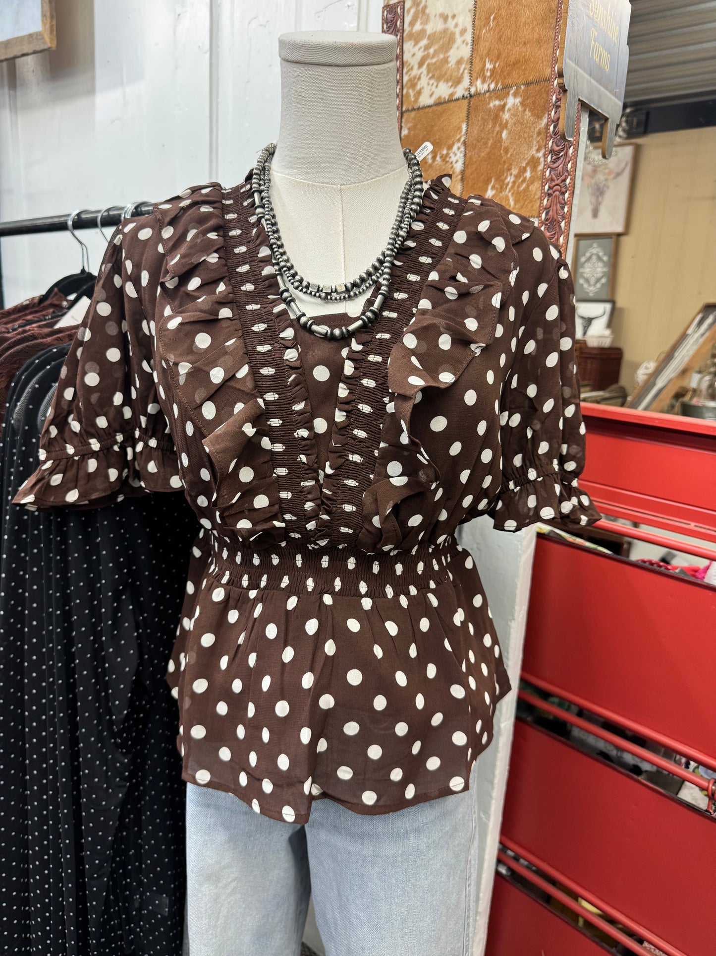 Brown Polka Dot Ruffle Top