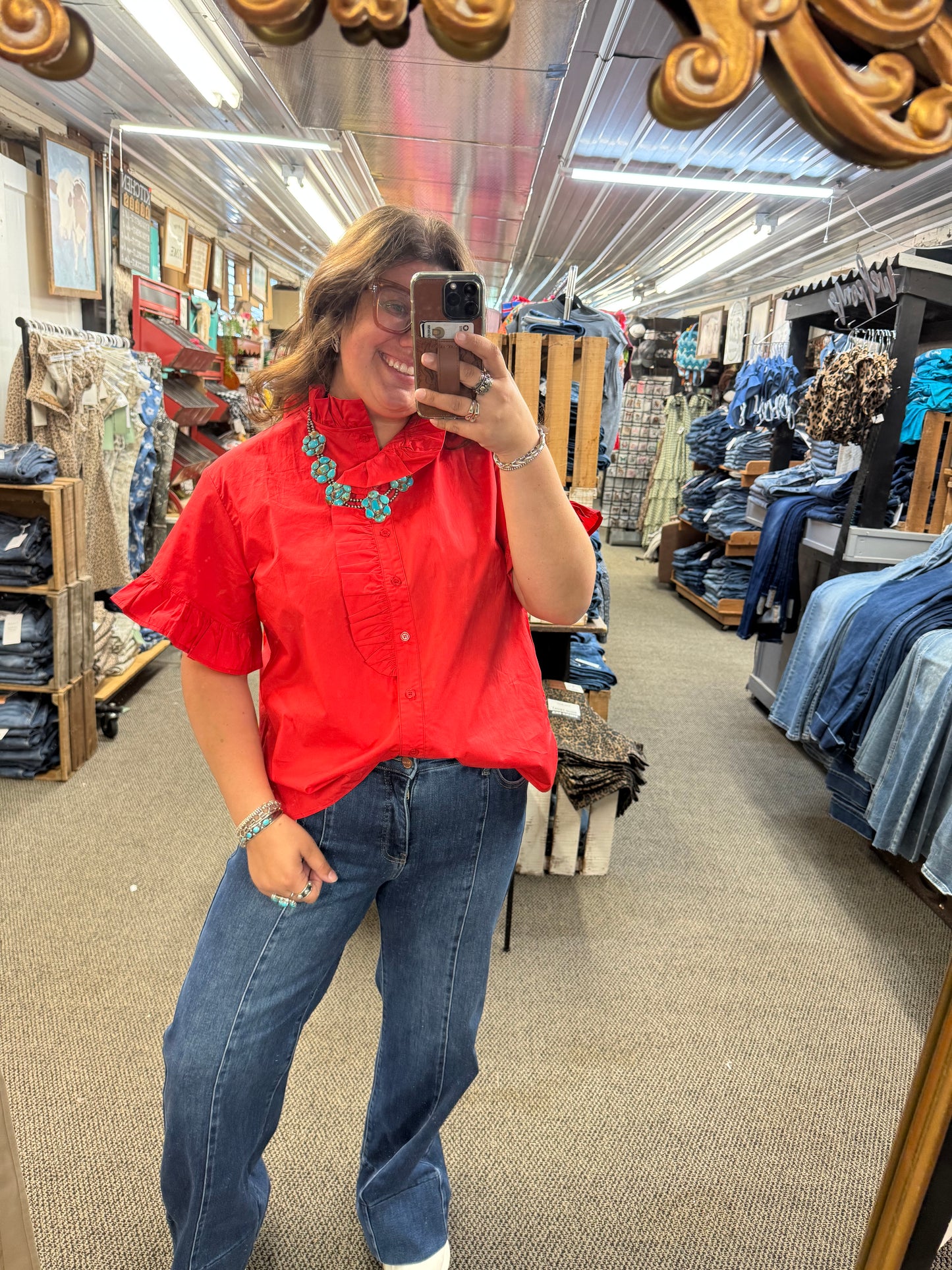 Red Ruffle Front Top