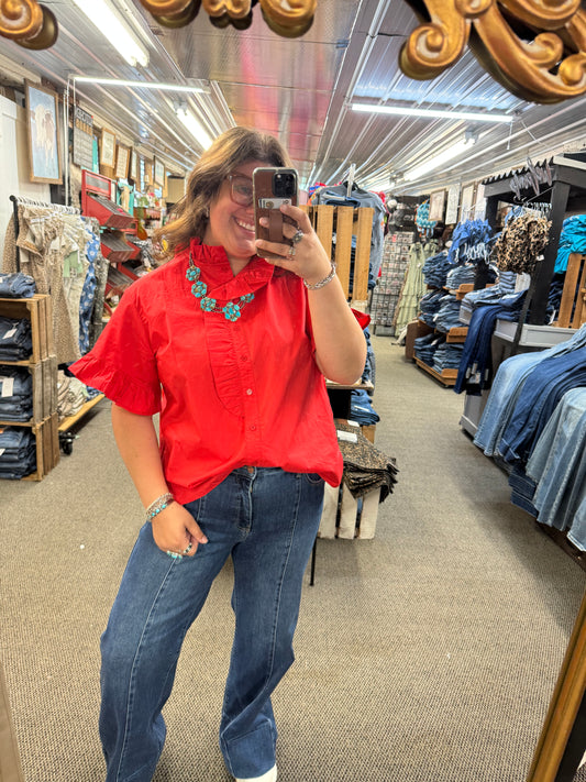 Red Ruffle Front Top