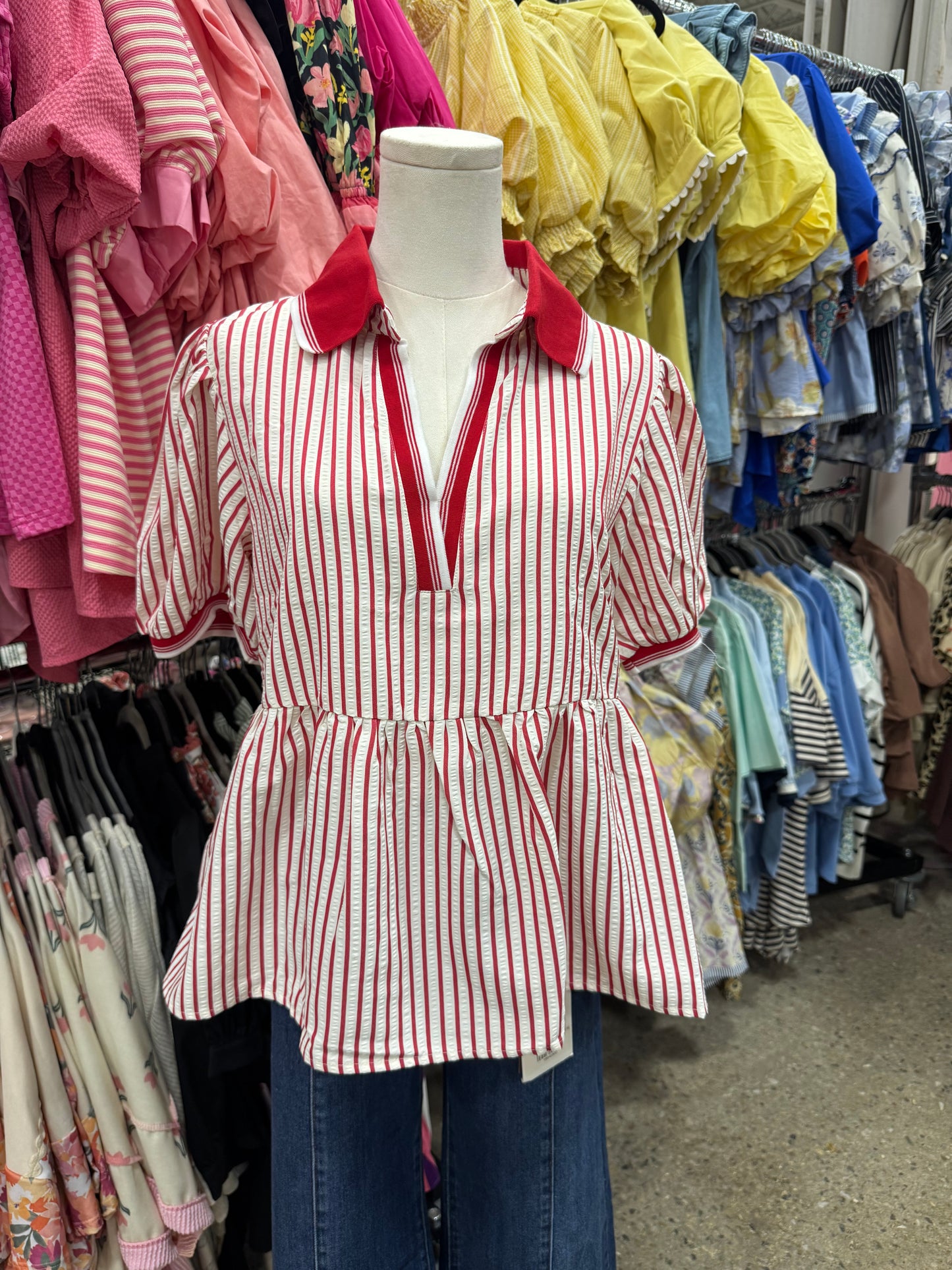 Red Striped Collar Top