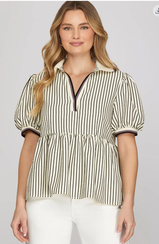 Black Striped Collared Top