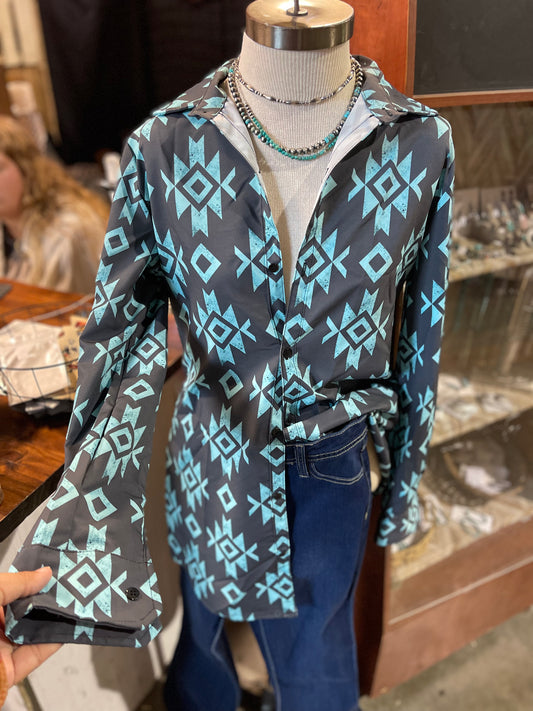 Teal Aztec Button Up