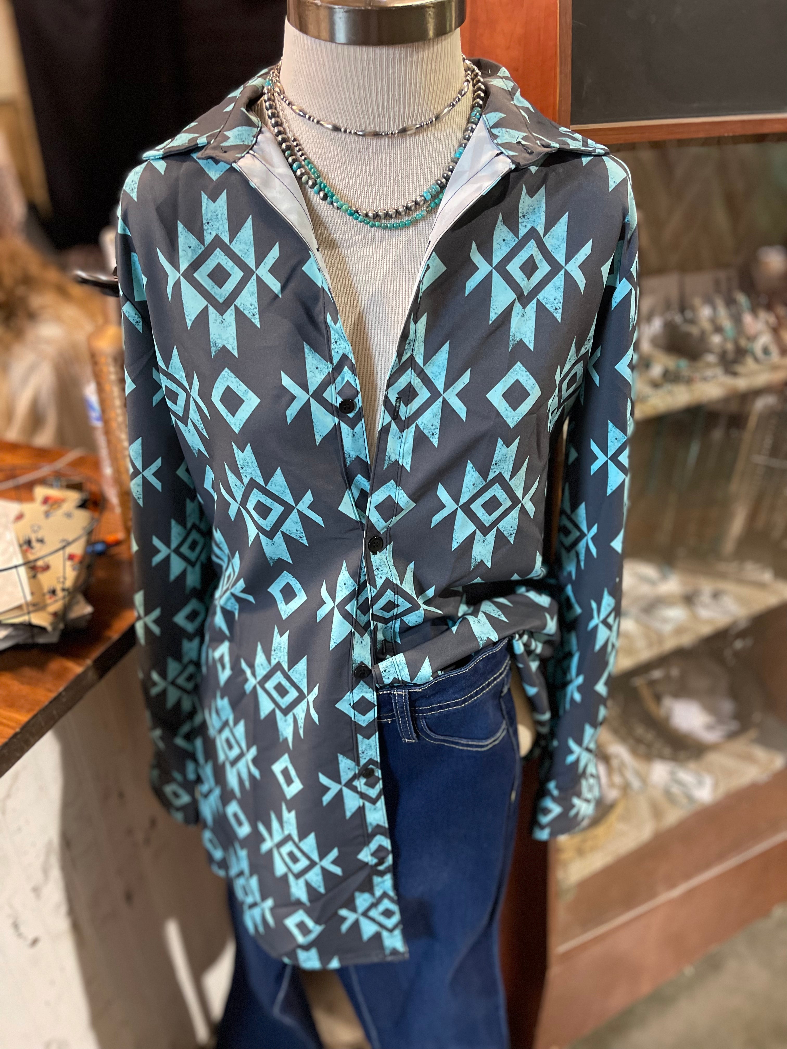 Teal Aztec Button Up