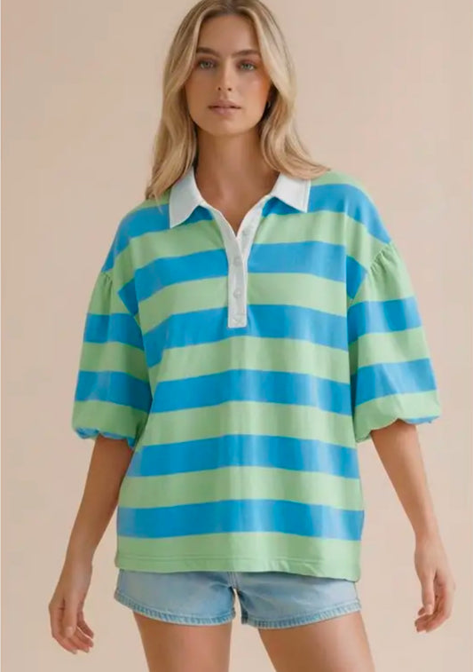 Blue & Green Bubble Sleeve Top