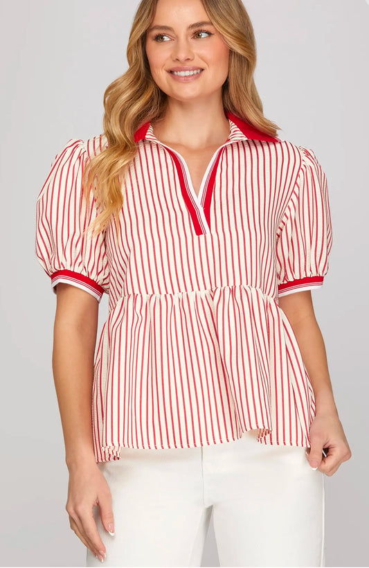 Red Striped Collar Top