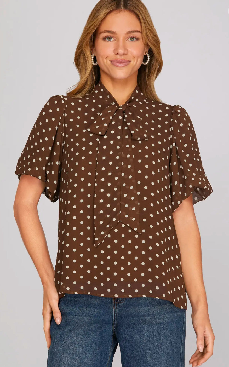 Brown Tie Polka Dot Top