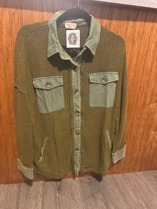 Olive Waffle Button Down Top