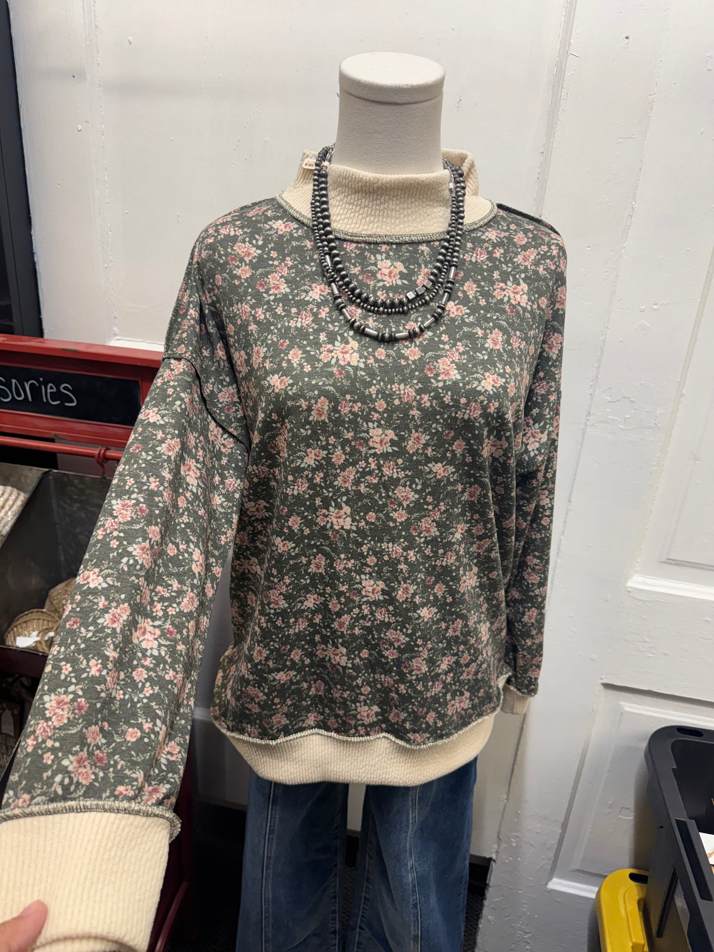 Green Floral Mock Neck