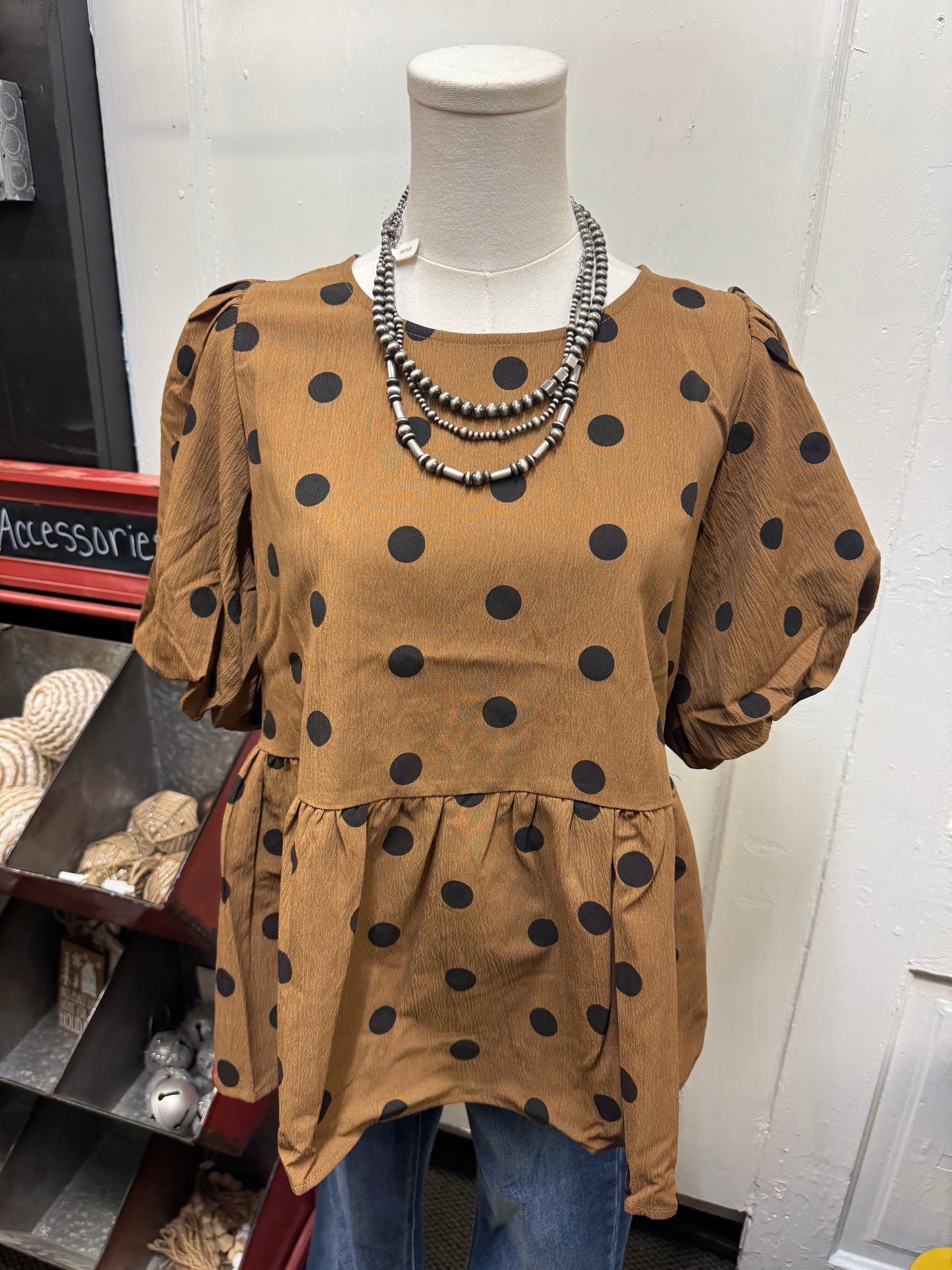 Brown Polka Dot Babydoll Top