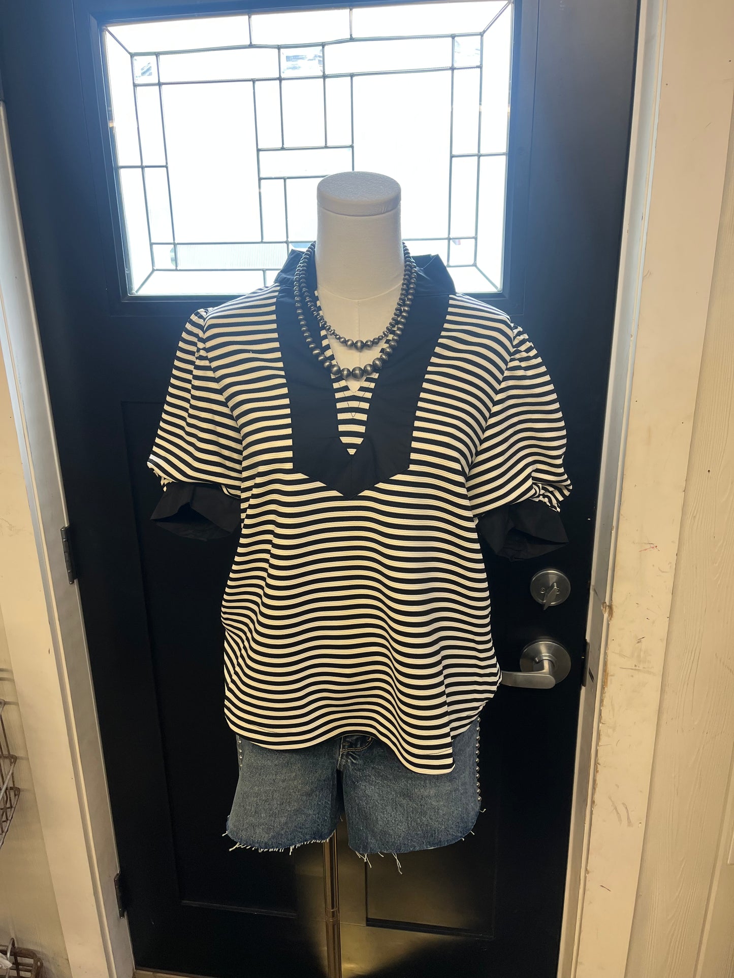 Black Striped Puff Sleeve