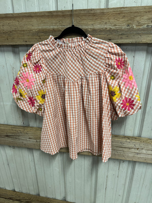 Gingham Embroidered Top