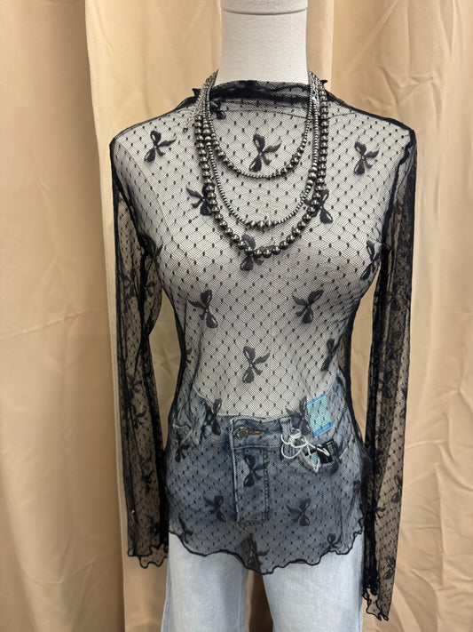 Black Bow Print Mesh Top