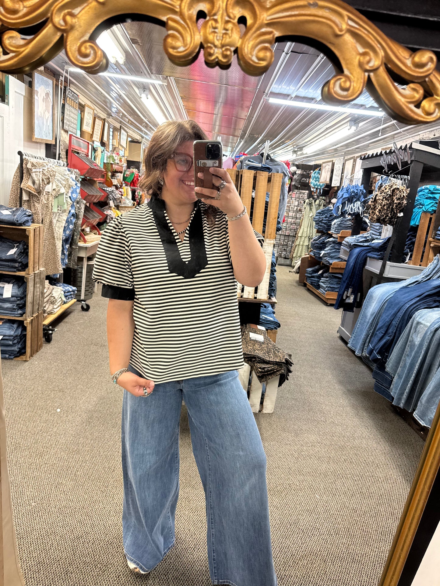 Black Striped Puff Sleeve