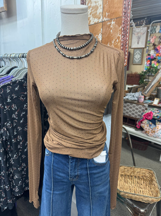 Mocha Tiny Dot Mesh Top