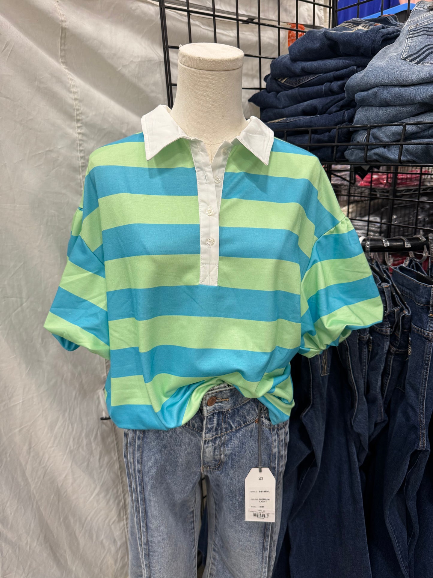 Blue & Green Bubble Sleeve Top