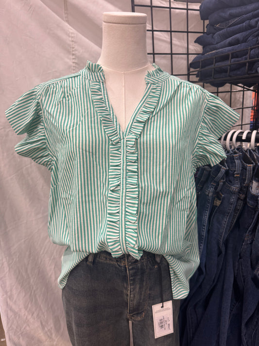 Green Striped Ruffle Tank