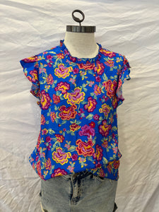 Blue linen Floral ruffle Sleeve