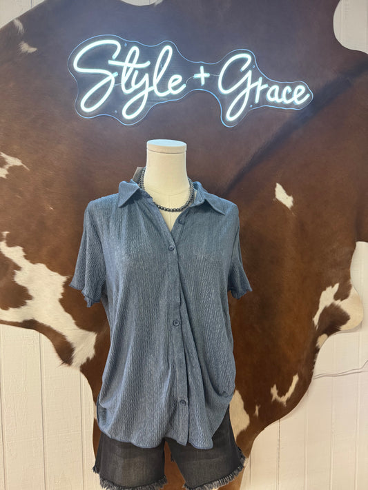 Denim Blue Textured Button Top
