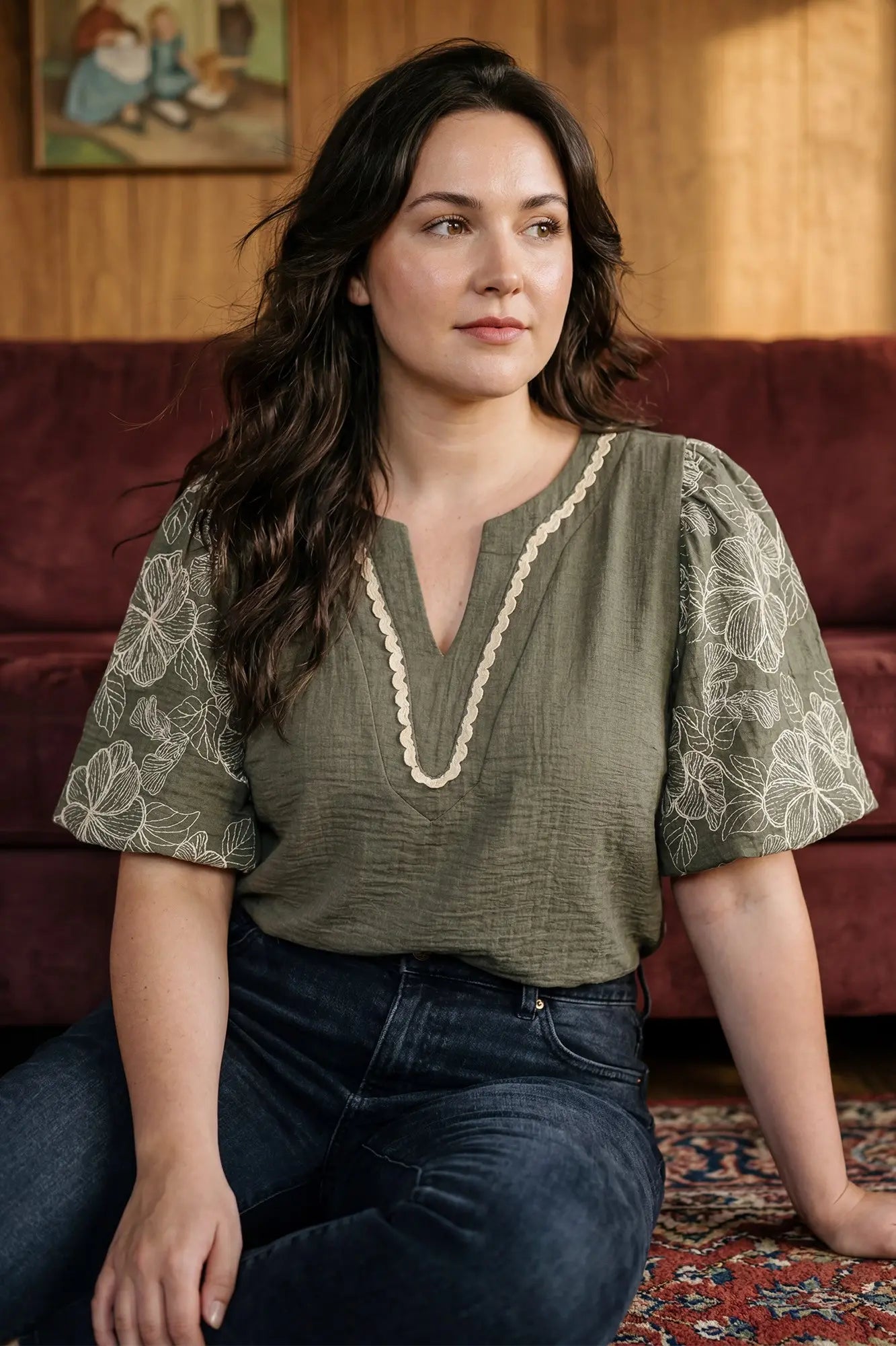 Olive Embroidered Sleeve Top