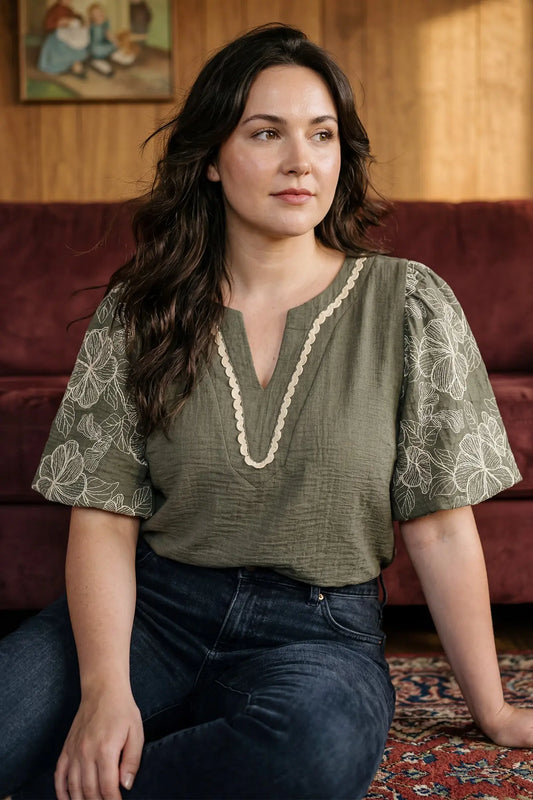 Olive Embroidered Sleeve Top